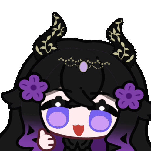 a cartoon drawing of a girl with purple hair and horns